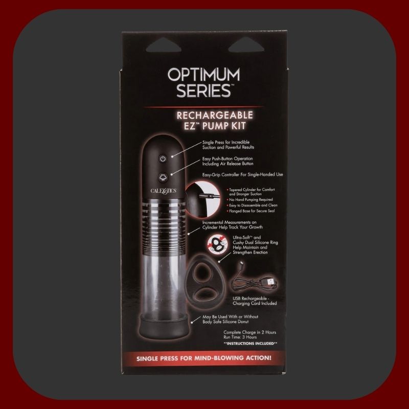 Automatická pumpa na penis CalExotics s USB dobíjením, silikonovým návlekem a dvojitým kroužkem v černé a průhledné barvě.