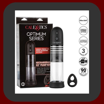 Automatická pumpa na penis CalExotics s USB dobíjením, silikonovým návlekem a dvojitým kroužkem v černé a průhledné barvě.