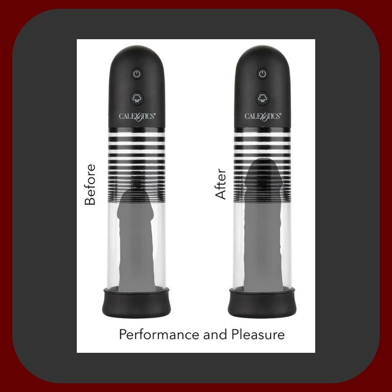 Automatická pumpa na penis CalExotics s USB dobíjením, silikonovým návlekem a dvojitým kroužkem v černé a průhledné barvě.