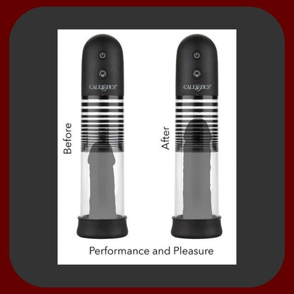 Automatická pumpa na penis CalExotics s USB dobíjením, silikonovým návlekem a dvojitým kroužkem v černé a průhledné barvě.