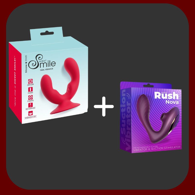 Výhodný balíček Dvojitá rozkoš – Orgasmic Duo 2v1 s 10 režimy vibrací a sání pro bod G a klitoris a Dual Vibrator se sací přísavkou, flexibilní, z lékařského silikonu, voděodolné, USB dobíjecí, s lubrikantem a dárkem zdarma.
