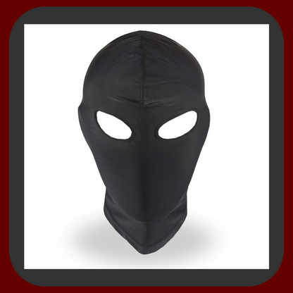 Černá erotická BDSM maska z pružného spandexu s otvory na oči, ideální pro role-play a dominantně-submisivní praktiky.