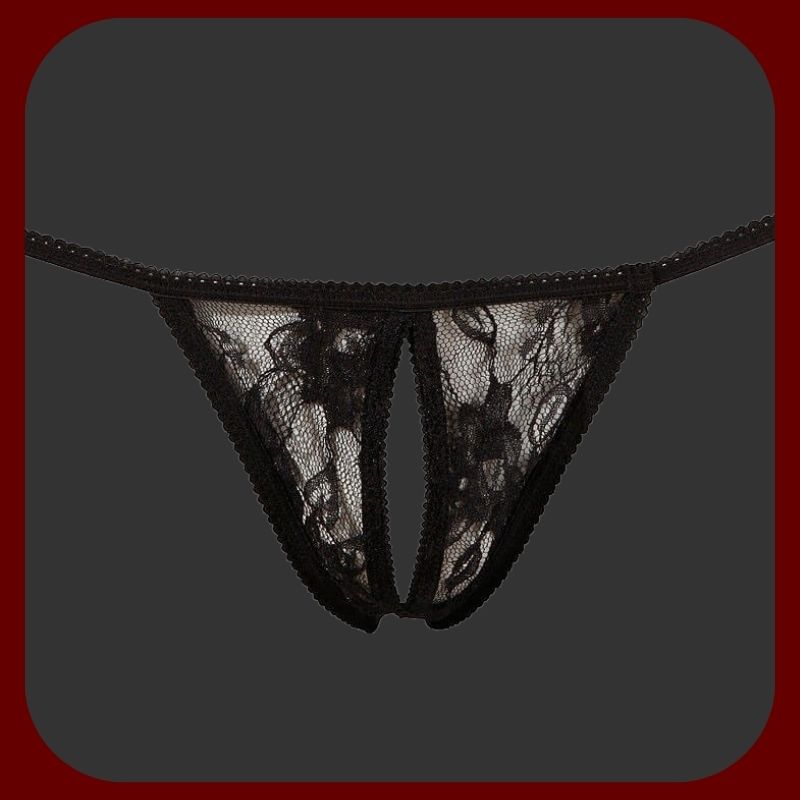 Černá krajková erotická tanga s otevřeným průstřihem na vagínu, pohodlný polyester, velikosti 36–46.