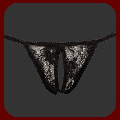 Černá krajková erotická tanga s otevřeným průstřihem na vagínu, pohodlný polyester, velikosti 36–46.