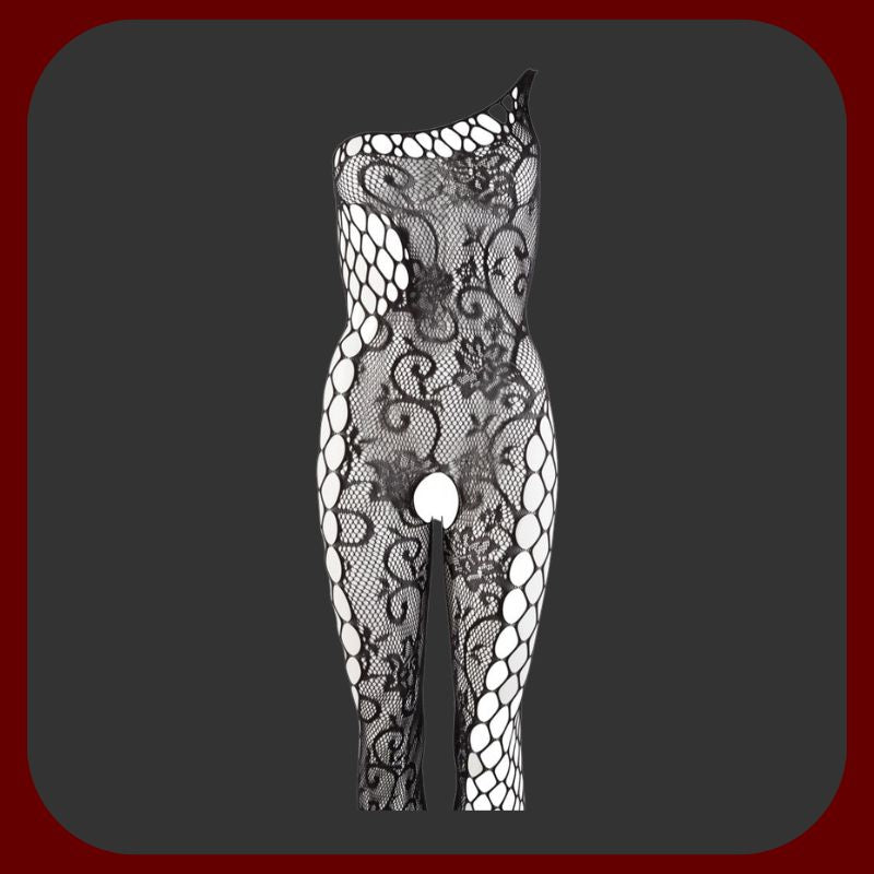 Sexy černý erotický oblek z asymetrické široké síťoviny s jemnou výšivkou a výztuhou na chodidlech, pružný materiál vhodný pro většinu velikostí.