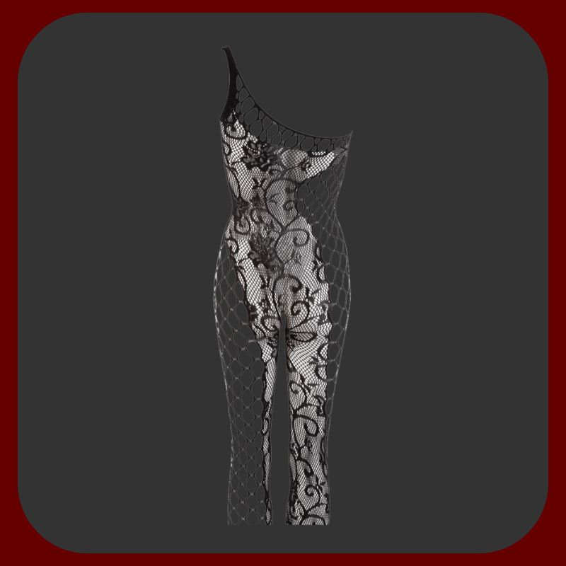 Sexy černý erotický oblek z asymetrické široké síťoviny s jemnou výšivkou a výztuhou na chodidlech, pružný materiál vhodný pro většinu velikostí.