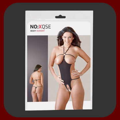 Černý sexy korzet s průstřihem v rozkroku a odhalenými prsy, elastický materiál, velikosti 36-48, ideální pro svůdné večery.