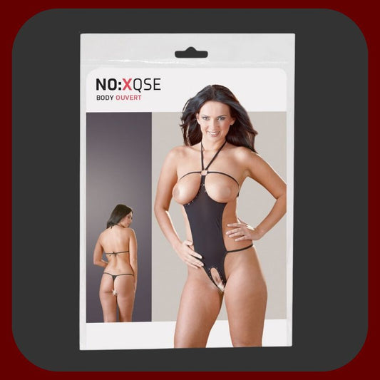 Černý sexy korzet s průstřihem v rozkroku a odhalenými prsy, elastický materiál, velikosti 36-48, ideální pro svůdné večery.