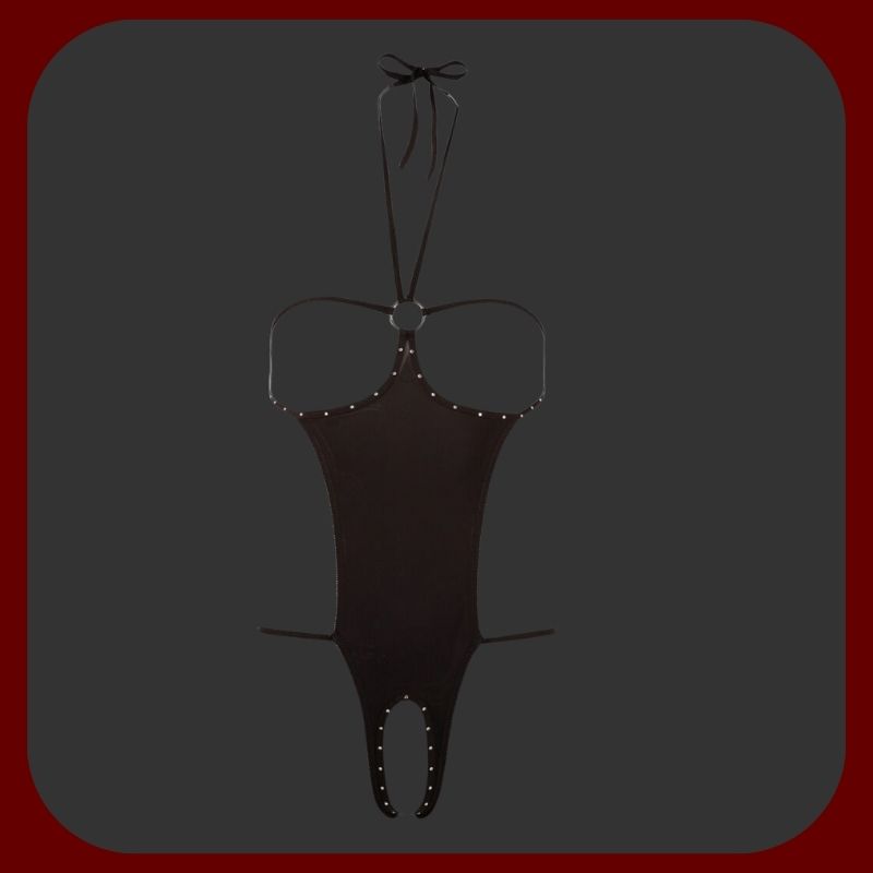 Černý sexy korzet s průstřihem v rozkroku a odhalenými prsy, elastický materiál, velikosti 36-48, ideální pro svůdné večery.