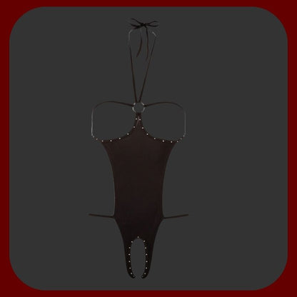 Černý sexy korzet s průstřihem v rozkroku a odhalenými prsy, elastický materiál, velikosti 36-48, ideální pro svůdné večery.