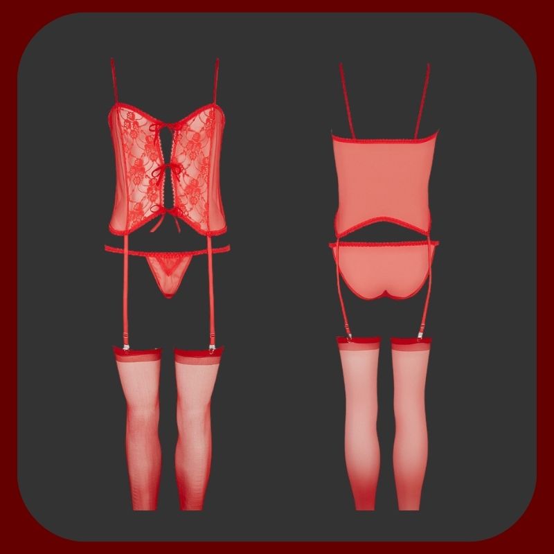 Červená 3dílná erotická sada – kalhotky, podvazky s protiskluzovými silikonovými pásky a košilka, univerzální velikost 36–48.