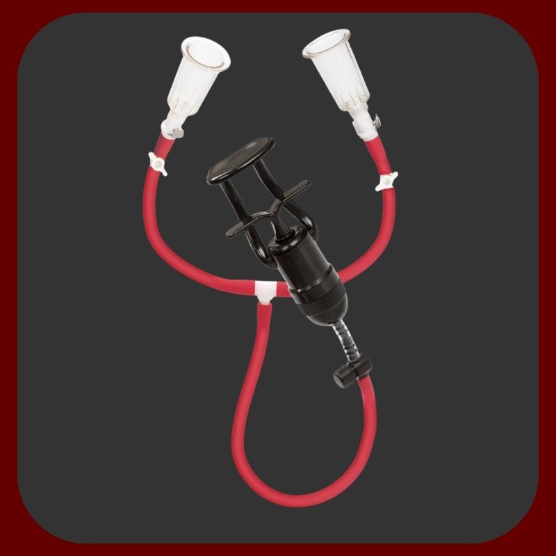 Profesionální COLT pumpa na bradavky s červenými silikonovými hadicemi, individuálním nastavením tlaku a elegantním červeno-černým designem.