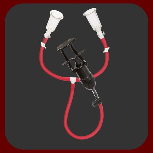 Profesionální COLT pumpa na bradavky s červenými silikonovými hadicemi, individuálním nastavením tlaku a elegantním červeno-černým designem.