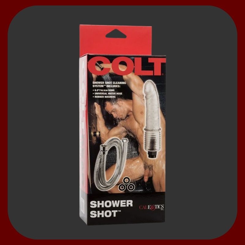 COLT Shower Shot Enema – sprchová hlavice ve tvaru dilda z měkkého perforovaného PVC s flexibilní hadicí, kouřově šedá barva pro dokonalou intimní hygienu.