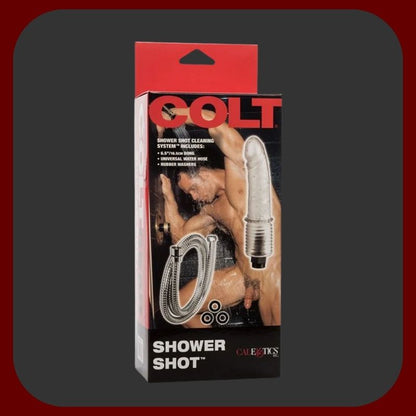 COLT Shower Shot Enema – sprchová hlavice ve tvaru dilda z měkkého perforovaného PVC s flexibilní hadicí, kouřově šedá barva pro dokonalou intimní hygienu.