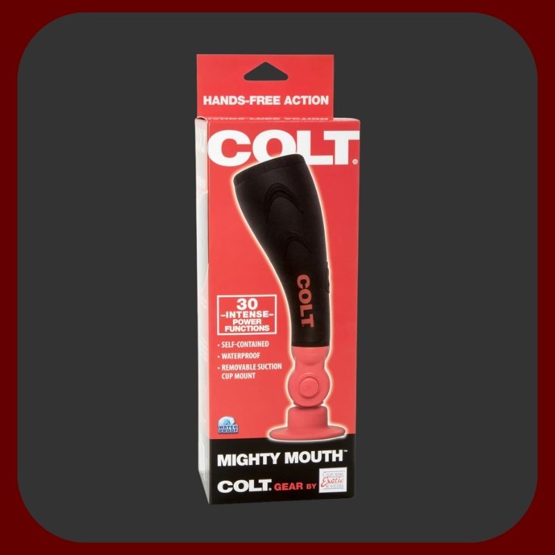 Černo-červený masturbátor COLT s 30 vibračními režimy, vyrobený z realistického měkkého TPR materiálu pro intenzivní orální stimulaci.