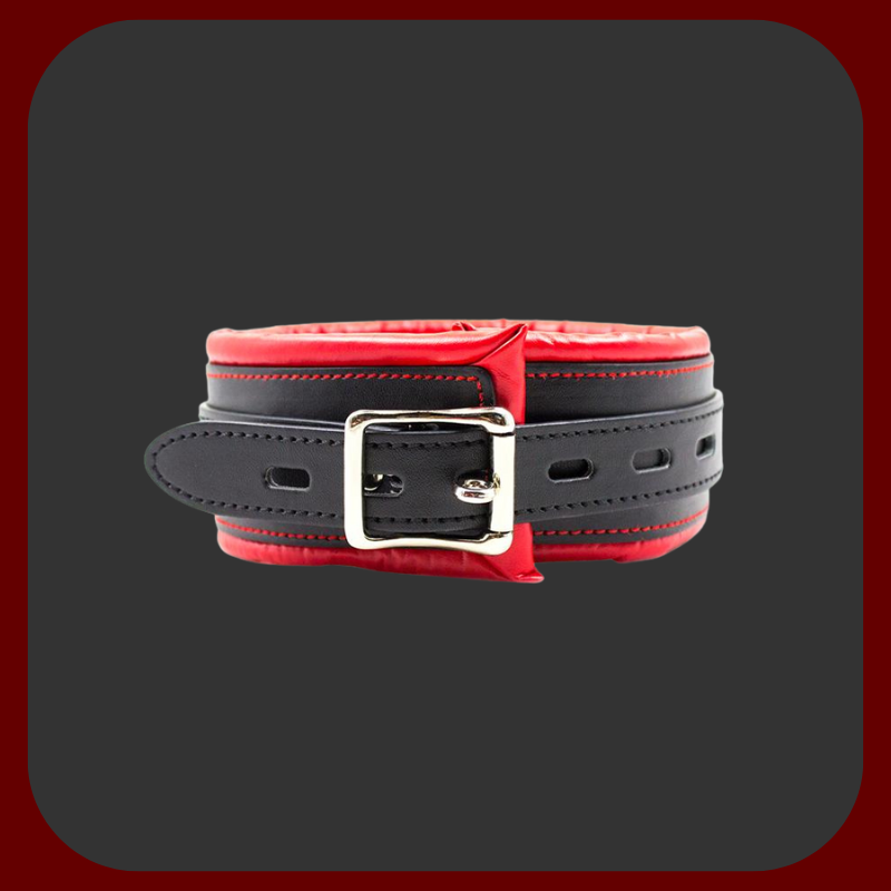 Polstrovaný červeno-černý BDSM obojek s kovovým řetízkem (44 cm) a vodítkem se smyčkou, ideální pro erotické hry a submisivní role-play.