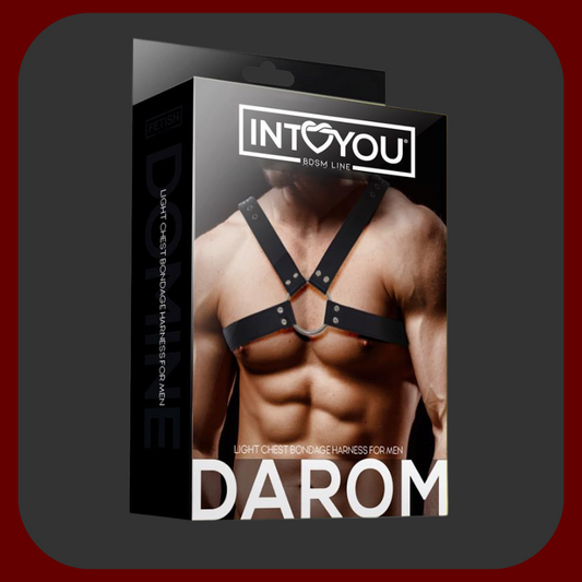 Černý veganský BDSM postroj pro muže s nastavitelnými přezkami a pevnými ocelovými kroužky pro připnutí vodítek nebo řetězů.