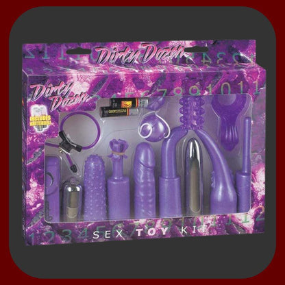 Erotická sada DIRTY Dozen obsahující 12 pomůcek včetně vibrátoru, vibračního vajíčka, návleků, gejša kuličky a erekčních kroužků pro páry.
