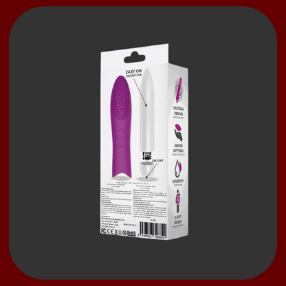 Fialový mini vibrátor Dottie Touch s jemnými silikonovými štětinkami a kompaktní velikostí pro diskrétní potěšení kdykoliv a kdekoliv.