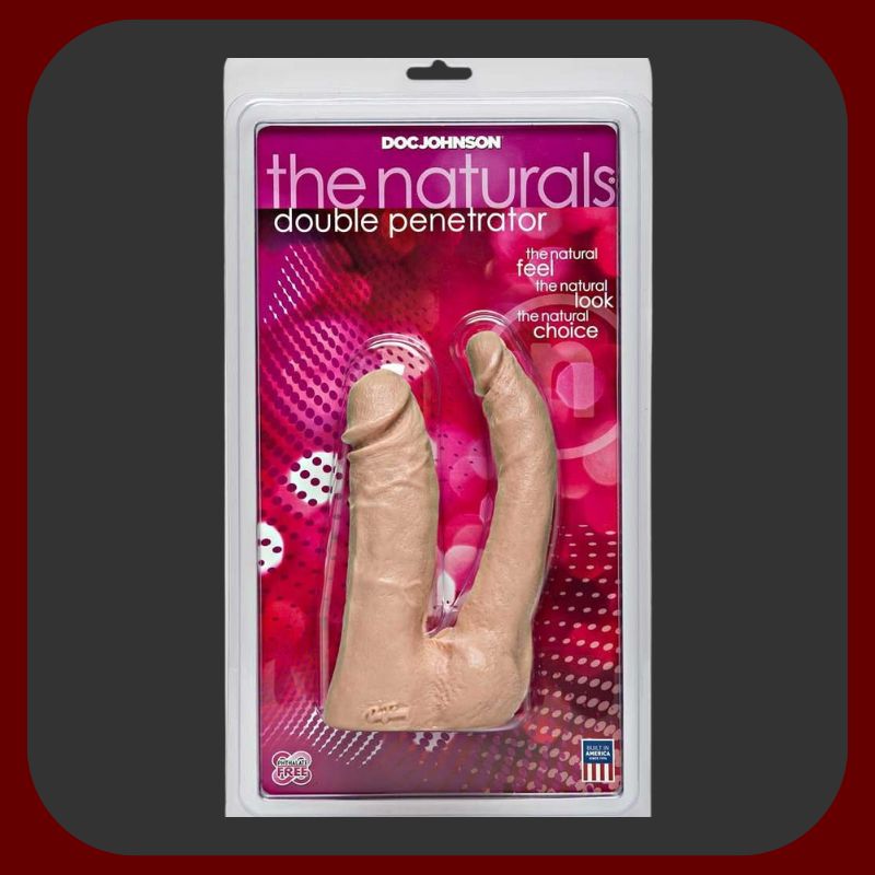 Realistické dvojité dildo DOC Johnson v tělové barvě z měkkého PVC pro simultánní vaginální a anální stimulaci, délka 16 a 17 cm, flexibilní a pohodlné.