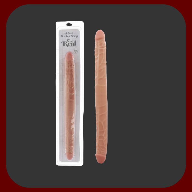 Dvojité tělové dildo z měkkého a flexibilního PVC s realistickými žaludy a žilkovanou texturou, dlouhé 42 cm, ideální pro vaginální i anální použití.