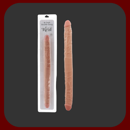 Dvojité tělové dildo z měkkého a flexibilního PVC s realistickými žaludy a žilkovanou texturou, dlouhé 42 cm, ideální pro vaginální i anální použití.