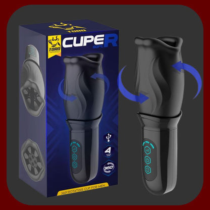 Eroriana – rotační masturbátor Cuper se 4 režimy a plnou 360° rotací se změnou směru. Vyroben z tělu bezpečného silikonu a TPR, s ergonomickou rukojetí, USB nabíjením a odolností vůči stříkající vodě pro intenzivní a variabilní stimulaci.