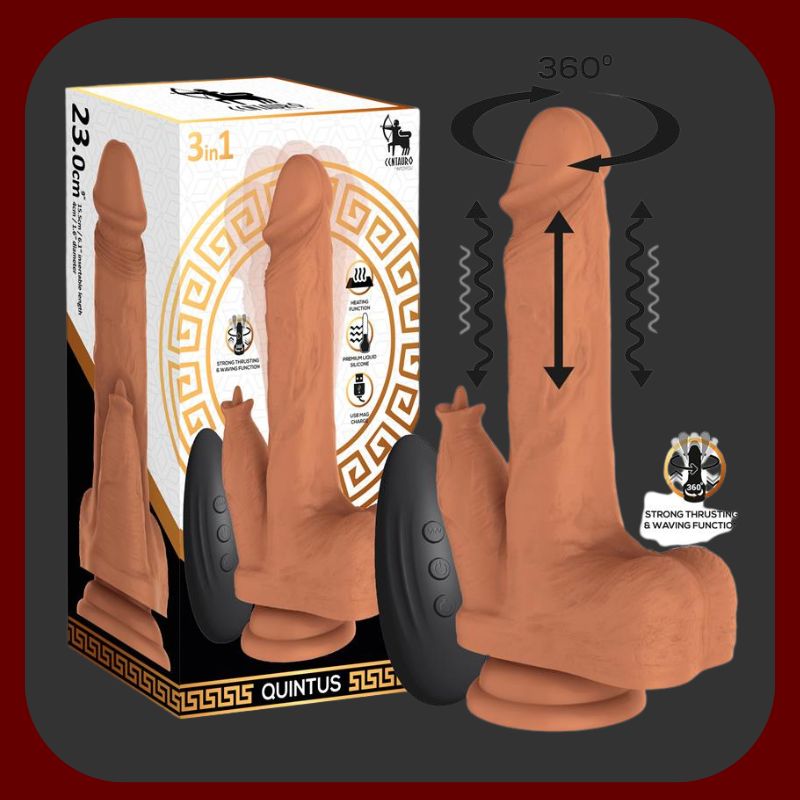 Eroriana – realistické dildo Quintus s teleskopickým a 360° vlnivým pohybem, 10 vibračními programy, funkcí zahřívání a klitorálním stimulátorem. Vyrobeno z kvalitního silikonu, vodotěsné, s přísavkou a magnetickým USB nabíjením.