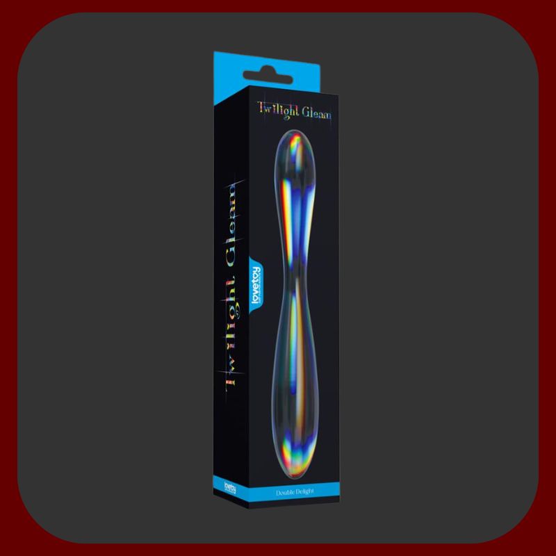Eroriana – oboustranné dildo Twilight Gleam z borosilikátového skla s duhovými luminiscenčními třpytkami, asymetrickým designem a hladkým povrchem vhodné pro vaginální i anální použití, ideální pro sólo i partnerské hry.