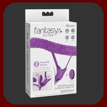 Eroriana – vibrující string Ultimate G-Spot Butterfly Strap-on od Fantasy For Her s integrovaným G-bodovým vibrátorem, dvěma motory a 10 vibračními režimy. Elastický pás pro pohodlné nošení, vodotěsný silikon, dálkové ovládání a USB dobíjení pro diskrétní a intenzivní potěšení.
