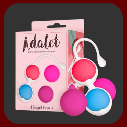 Erosiana Adalet Kegel Balls – sada 4 silikonových kegelových koulí (15 g, 25 g, 35 g, 55 g) o průměru 30 mm pro postupné posilování pánevního dna, vodotěsné provedení s úložnou krabičkou