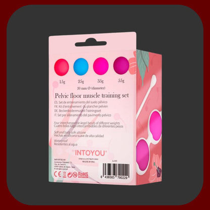 Erosiana Adalet Kegel Balls – sada 4 silikonových kegelových koulí (15 g, 25 g, 35 g, 55 g) o průměru 30 mm pro postupné posilování pánevního dna, vodotěsné provedení s úložnou krabičkou