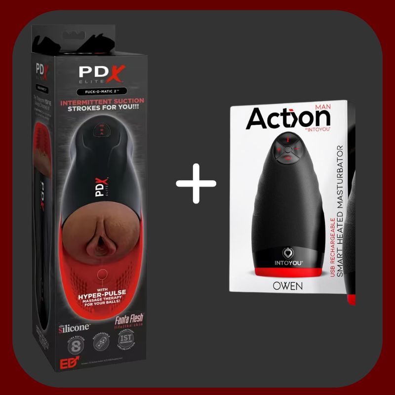 Erosiana Balíček Pánská rozkoš – sada dvou masturbátorů Fuck-O-Matic 2 a Owen Male Masturbator s vibračními, sacími a zahřívacími funkcemi pro intenzivní stimulaci, dobíjecí a voděodolné, s lubrikantem a dárkem zdarma.