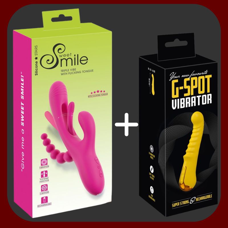 Erosiana Výhodný set Trojitá stimulace – Triple Vibe s pohyblivým jazýčkem pro stimulaci vagíny, klitorisu a anální oblasti a G-Spot vibrátor se zakřivenou hlavicí, silikon Soft Touch, dobíjecí, s lubrikantem a dárkem zdarma.