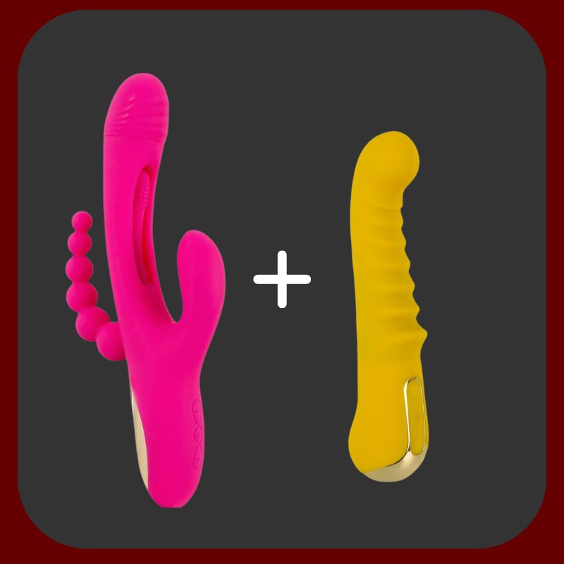 Erosiana Výhodný set Trojitá stimulace – Triple Vibe s pohyblivým jazýčkem pro stimulaci vagíny, klitorisu a anální oblasti a G-Spot vibrátor se zakřivenou hlavicí, silikon Soft Touch, dobíjecí, s lubrikantem a dárkem zdarma.