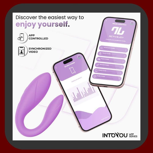 Erosiana Intoyou App Series – párový vibrátor s aplikací ActiveJoy®, dvěma tichými motory a 10 vibračními rychlostmi. Flexibilní ergonomický tvar z hyper hladkého silikonu, synchronizace vibrací s hudbou a videem, Touch Control, vzdálené ovládání přes aplikaci, voděodolný IPX6 a magnetické USB nabíjení.