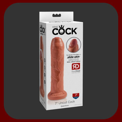 Erosiana King Cock Uncut – realistické dildo s pohyblivou předkožkou, silnou přísavkou pro hands-free použití a kompatibilitou se strap-on postroji. Vyrobeno z kvalitního PVC, vhodné pro vaginální i anální stimulaci, tmavý odstín kůže.