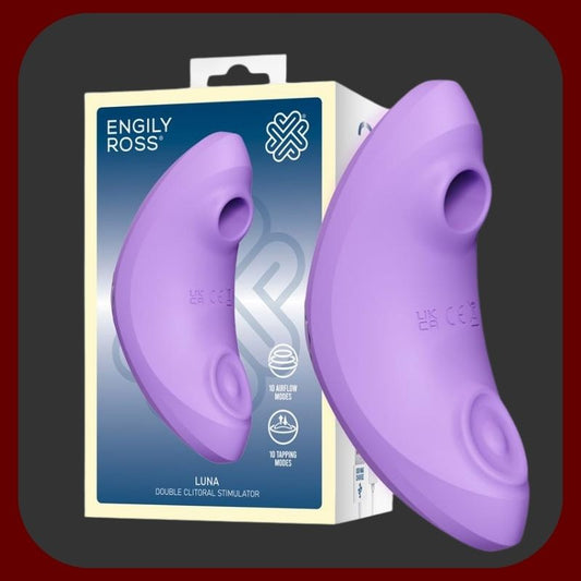 Erosiana Luna – duální stimulátor fialové barvy od ENGILY ROSS s ergonomickým tvarem, 10 sacími režimy a 10 pulsními režimy, dva samostatné motory pro flexibilní kombinaci funkcí, prémiový silikon bezpečný pro tělo, IPX7 vodotěsný a magnetické USB nabíjení.