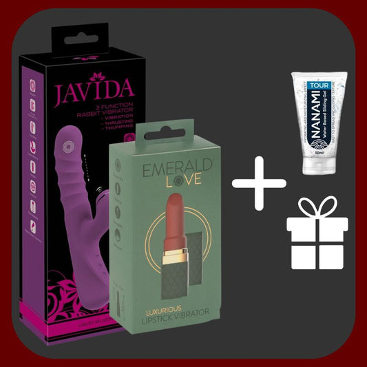 Erosiana Luxusní balíček Trojitá rozkoš & diskrétní potěšení – kombinace rabbit vibrátoru s trojitou stimulací vagíny, klitorisu a přírazů a mini vibrátoru v designu rtěnky, oba z jemného Liquid Silicone, voděodolné a dobíjecí, s lubrikantem a dárkem zdarma.