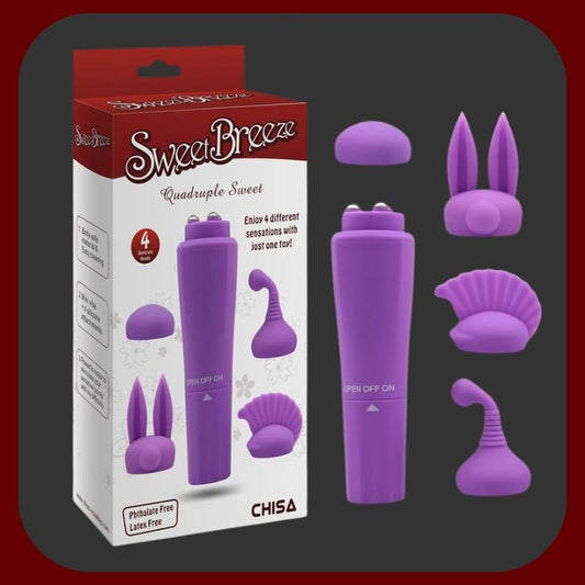 Erosiana mini vibrátor s výměnnými silikonovými nástavci – čtyři různé nástavce pro variabilní stimulaci, kompaktní a diskrétní design, výkonný motor pro silné vibrace, tělu bezpečný silikon a snadná údržba.