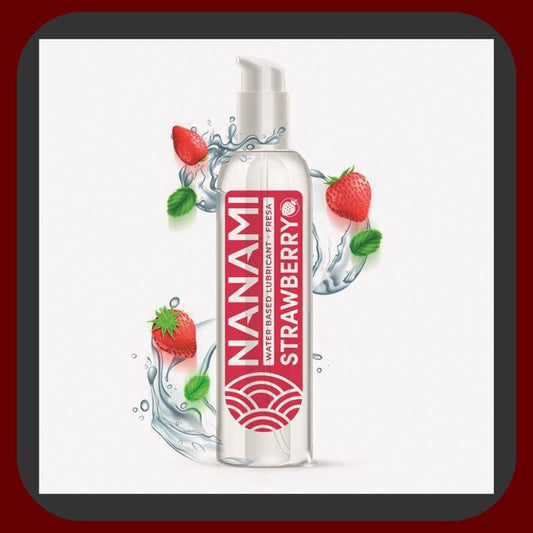 Erosiana NANAMI Strawberry – lubrikant na vodní bázi s jahodovou příchutí, 150 ml, vhodný pro použití s latexovými kondomy, erotické masáže, orální sex i erotické pomůcky, šetrný k pokožce a vegan friendly.