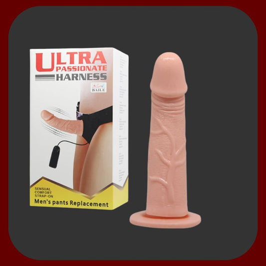 Erosiana párový postroj s vibračním dildem – ergonomický strap-on postroj s dutým silikonovým dildem realistického tvaru, vibrační funkcí a dálkovým ovládáním, délka 15 cm, průměr 5 cm, vhodný pro intenzivní párovou stimulaci.