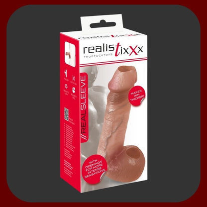 Erosiana RealSleeve Intense – kombinovaný návlek na penis a varlata pro silnější erekci a intenzivní pocit, anatomicky tvarovaný s realistickým žilkováním, pružný silikon, upravitelná délka pro ideální padnutí.