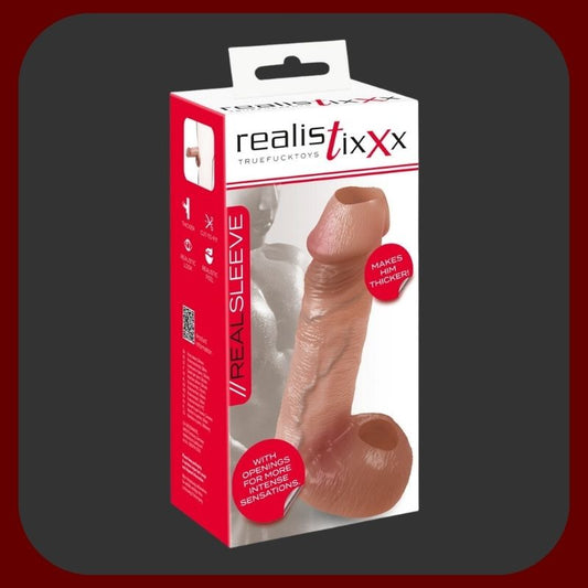 Erosiana RealSleeve Intense – kombinovaný návlek na penis a varlata pro silnější erekci a intenzivní pocit, anatomicky tvarovaný s realistickým žilkováním, pružný silikon, upravitelná délka pro ideální padnutí.