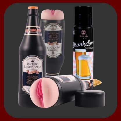 Exkluzivní limitovaný set Secret Play – pivový masturbátor ve tvaru lahve (29,5 × 8 cm, materiál TPR+PP) s drážkovaným vnitřním tunelem pro realistickou stimulaci a vyjímatelným návlekem, doplněný lubrikantem s pivní příchutí (60 ml, veganský, na vodní bázi) pro intenzivní a smyslný erotický zážitek.