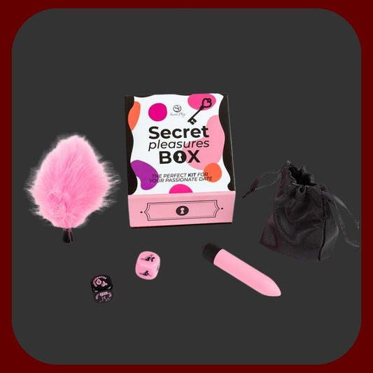 Erosiana Secret Pleasures Box – kompletní erotický set pro páry, obsahující mini vibrační stimulátor, peříčkové šimrátko, Kámasútra kostku a akční kostku pro hravou a smyslnou předehru. Součástí elegantní černý saténový sáček pro diskrétní uložení.
