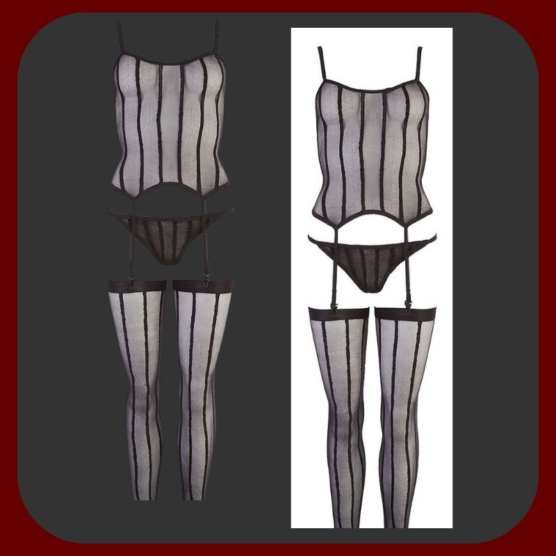 Smyslná černá erotická sada Desire Queen – tanga, podvazky s protiskluzovou silikonovou úpravou a korzet, univerzální velikost S–L.