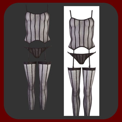 Smyslná černá erotická sada Desire Queen – tanga, podvazky s protiskluzovou silikonovou úpravou a korzet, univerzální velikost S–L.