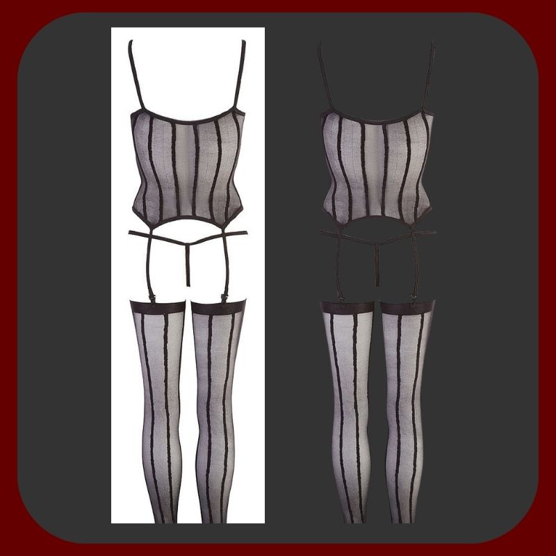 Smyslná černá erotická sada Desire Queen – tanga, podvazky s protiskluzovou silikonovou úpravou a korzet, univerzální velikost S–L.
